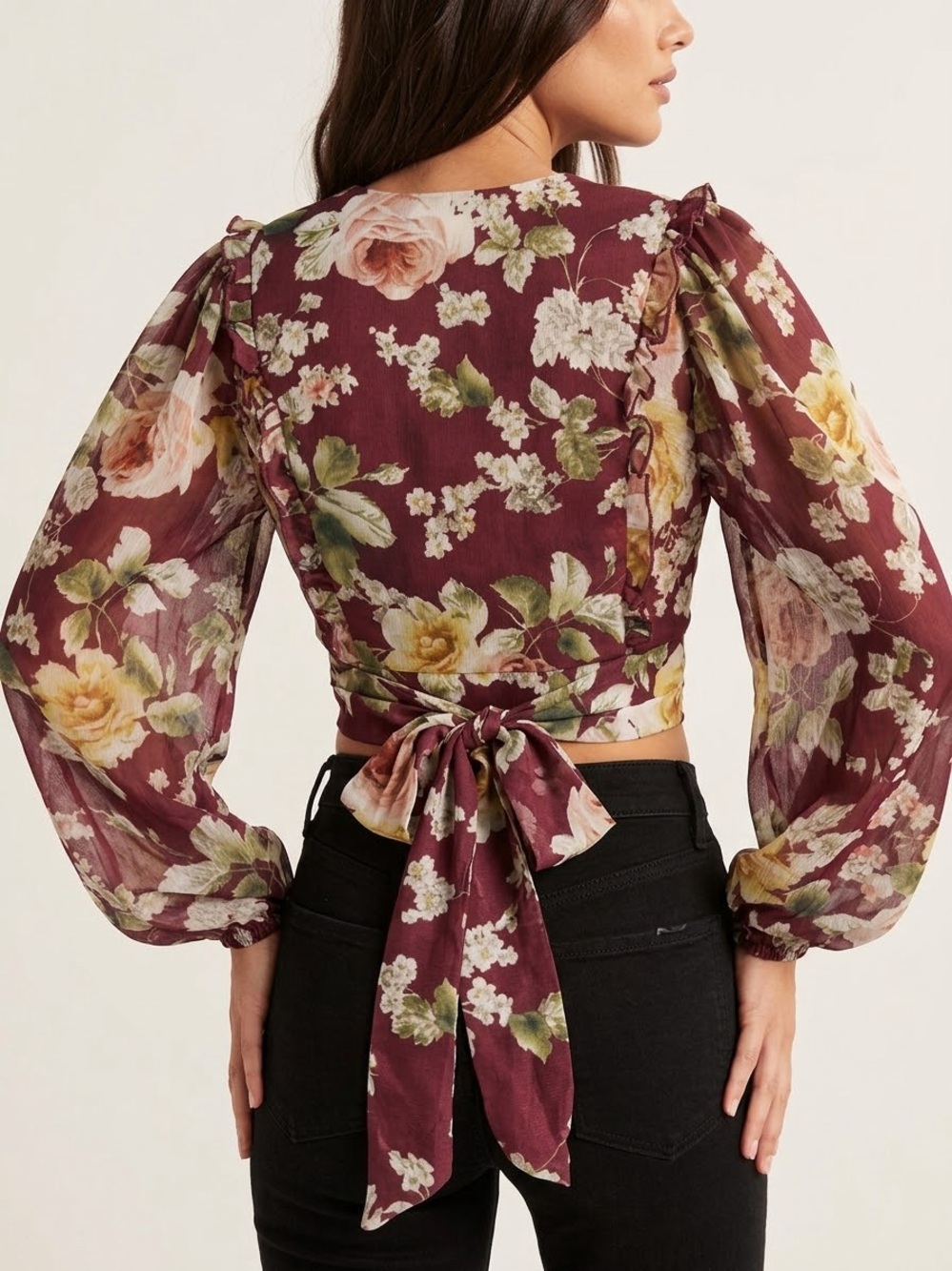 Women's Burgundy Floral Tie-Back Puff Sleeve Blouse